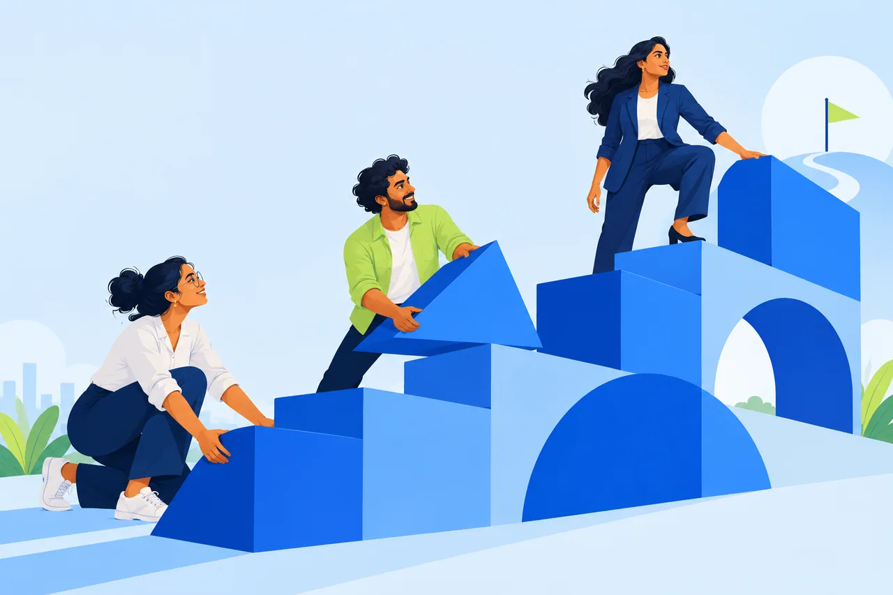 Editorial illustration of a team building together